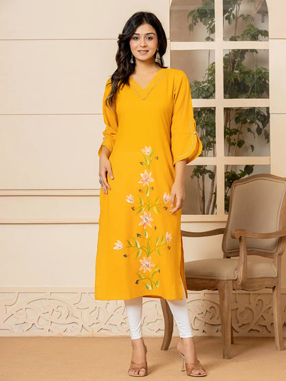 Yufta Mustard Hand Painted Straight Kurta - Distacart