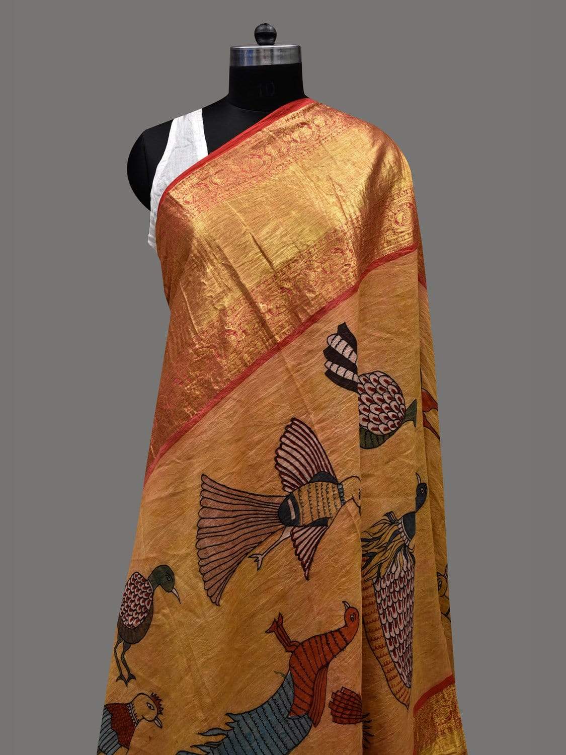 Mustard Kalamkari Hand Painted Kanchipuram Silk Handloom Dupatta with Birds Design - Global Threads - Distacart
