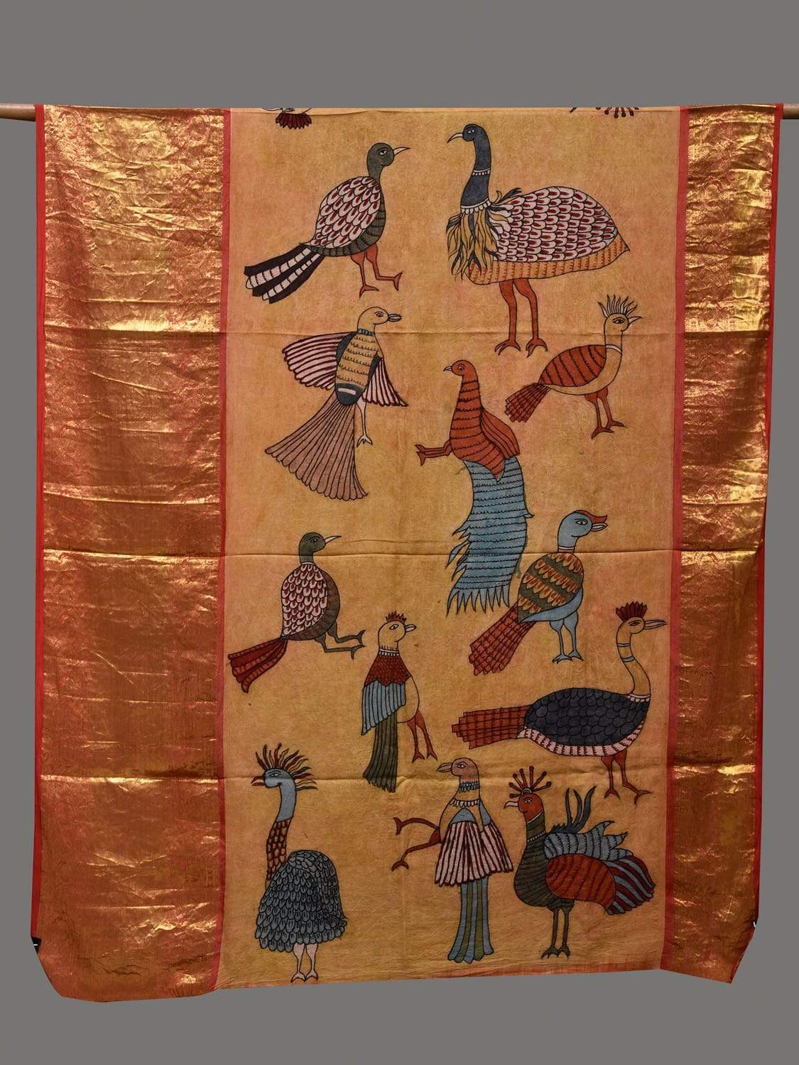 Mustard Kalamkari Hand Painted Kanchipuram Silk Handloom Dupatta with Birds Design - Global Threads - Distacart