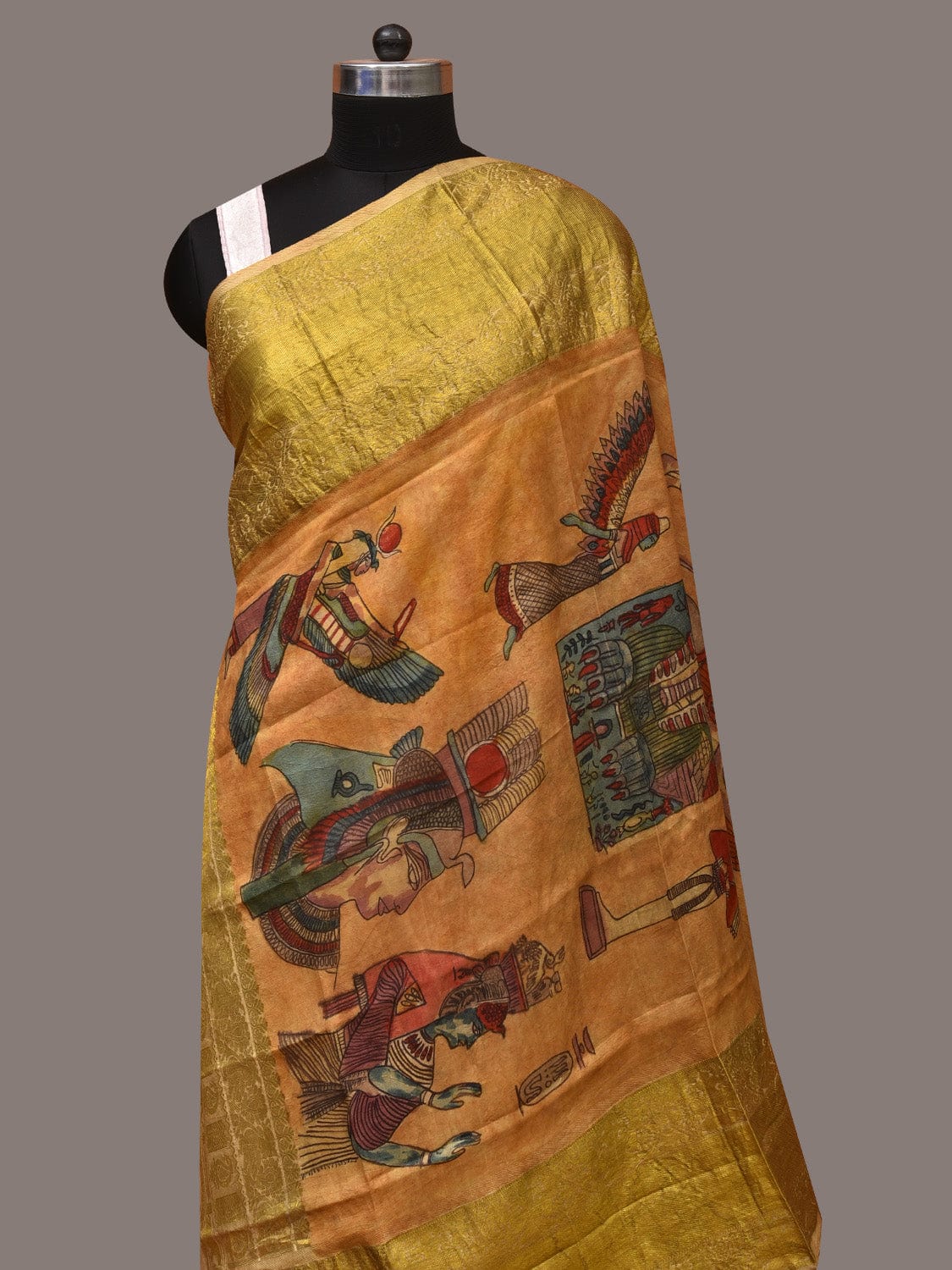 Mustard Kalamkari Hand Painted Kanchipuram Silk Handloom Dupatta with Egyptian Design - Global Threads - Distacart
