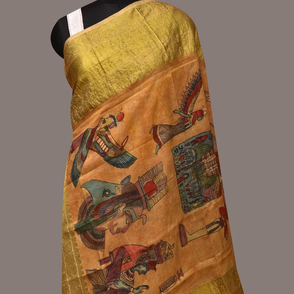 Mustard Kalamkari Hand Painted Kanchipuram Silk Handloom Dupatta with Egyptian Design - Global Threads - Distacart