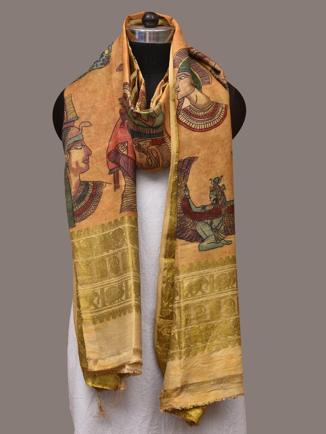 Mustard Kalamkari Hand Painted Kanchipuram Silk Handloom Dupatta with Egyptian Design - Global Threads - Distacart