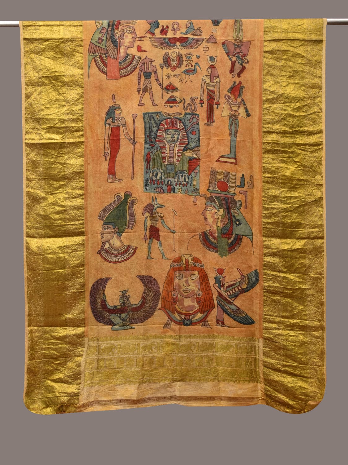 Mustard Kalamkari Hand Painted Kanchipuram Silk Handloom Dupatta with Egyptian Design - Global Threads - Distacart