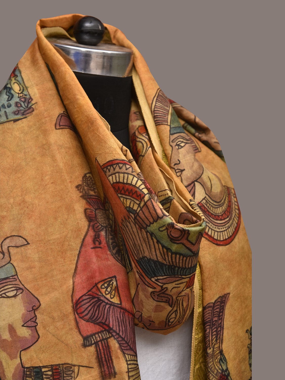 Mustard Kalamkari Hand Painted Kanchipuram Silk Handloom Dupatta with Egyptian Design - Global Threads - Distacart