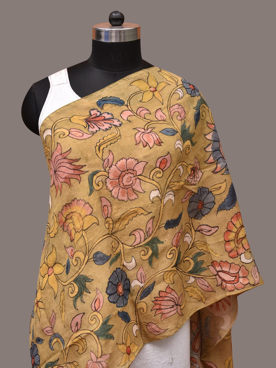 Mustard Kalamkari Hand Painted Sico Stole with Floral and Birds Design - Global Threads - Distacart