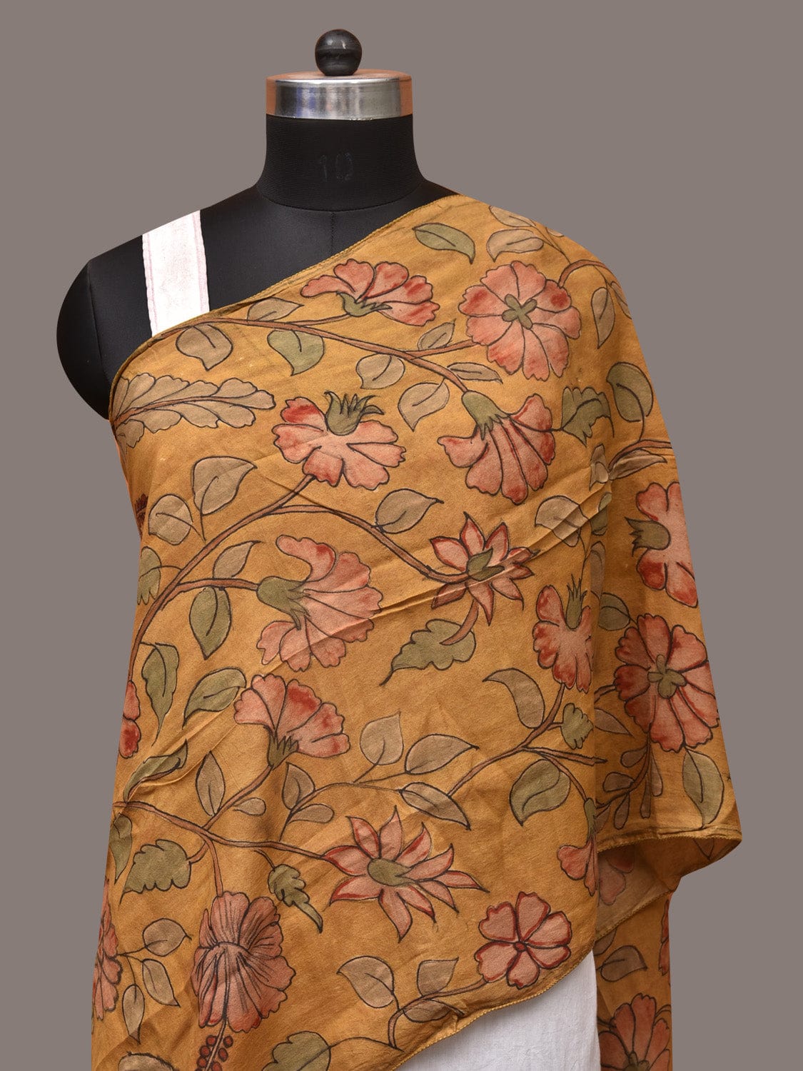 Mustard Kalamkari Hand Painted Sico Stole with Floral Design - Global Threads - Distacart