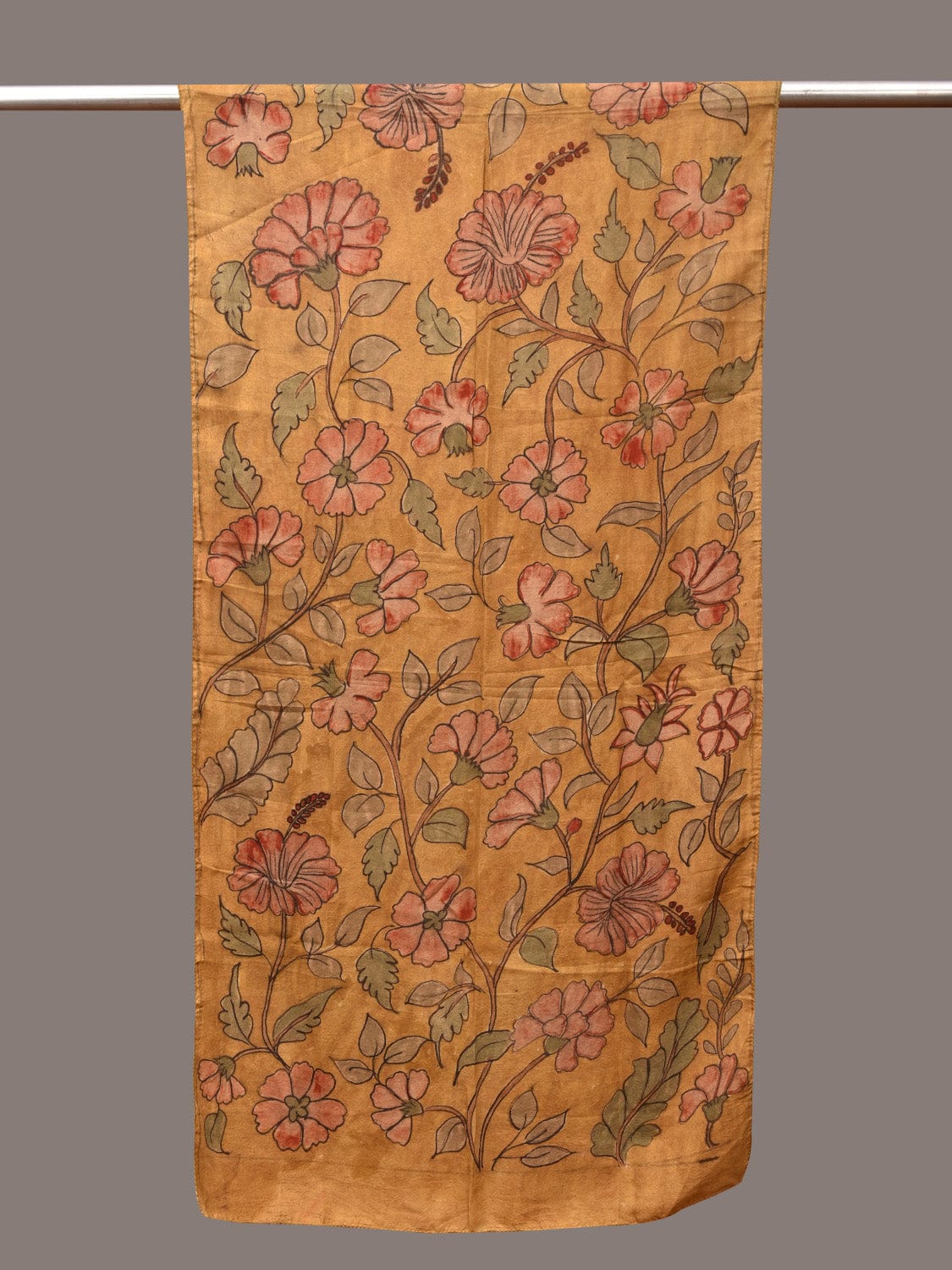Mustard Kalamkari Hand Painted Sico Stole with Floral Design - Global Threads - Distacart
