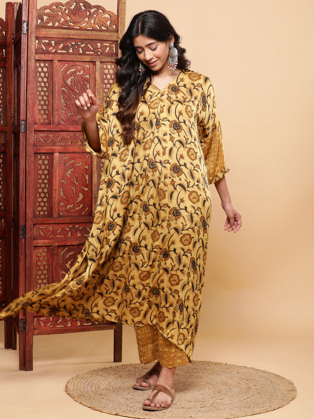 BohoJazz Mustard Vegetable Dye Flowy Modal Kurta with Pants