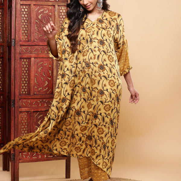 BohoJazz Mustard Vegetable Dye Flowy Modal Kurta with Pants