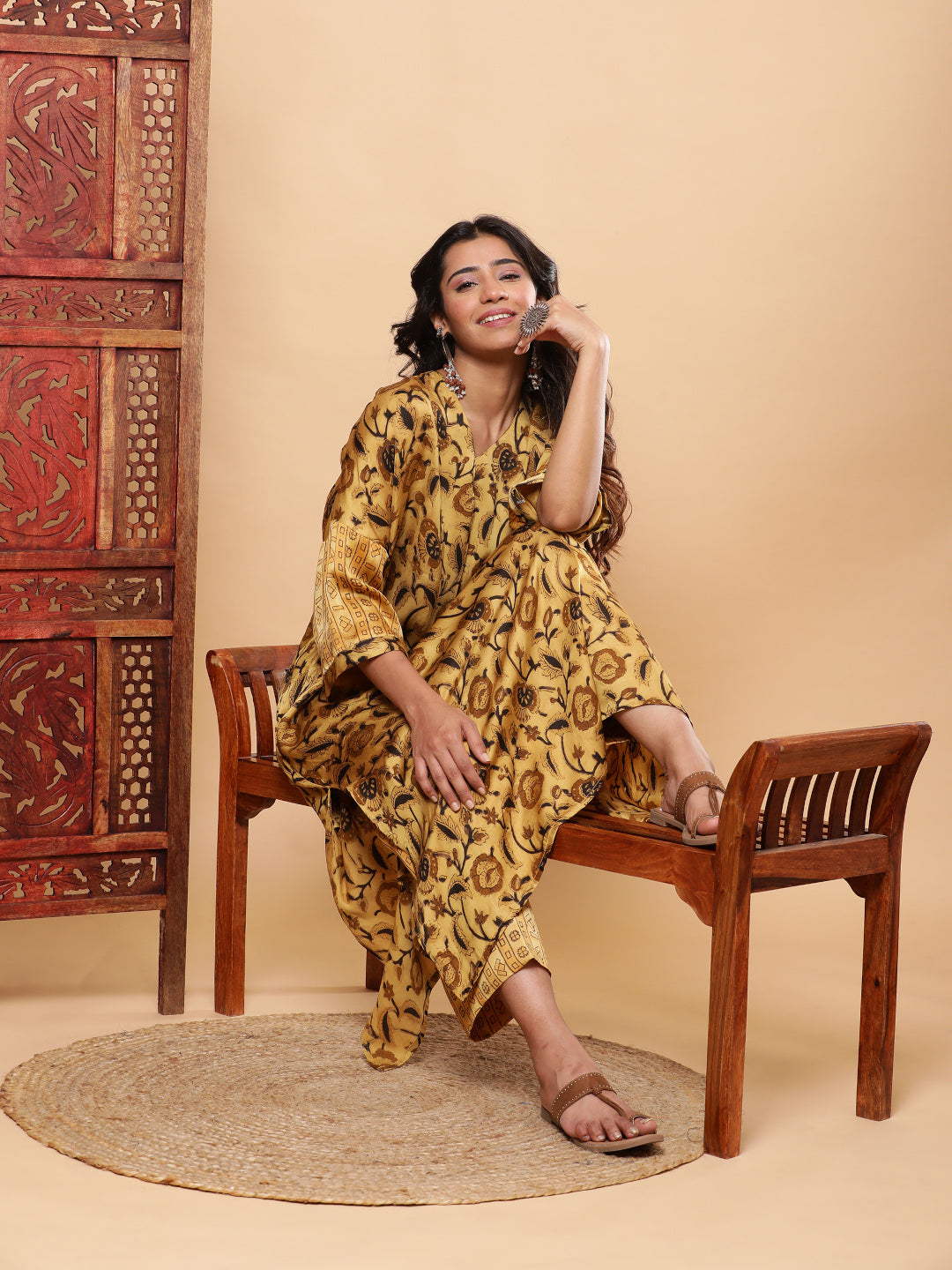 BohoJazz Mustard Vegetable Dye Flowy Modal Kurta with Pants