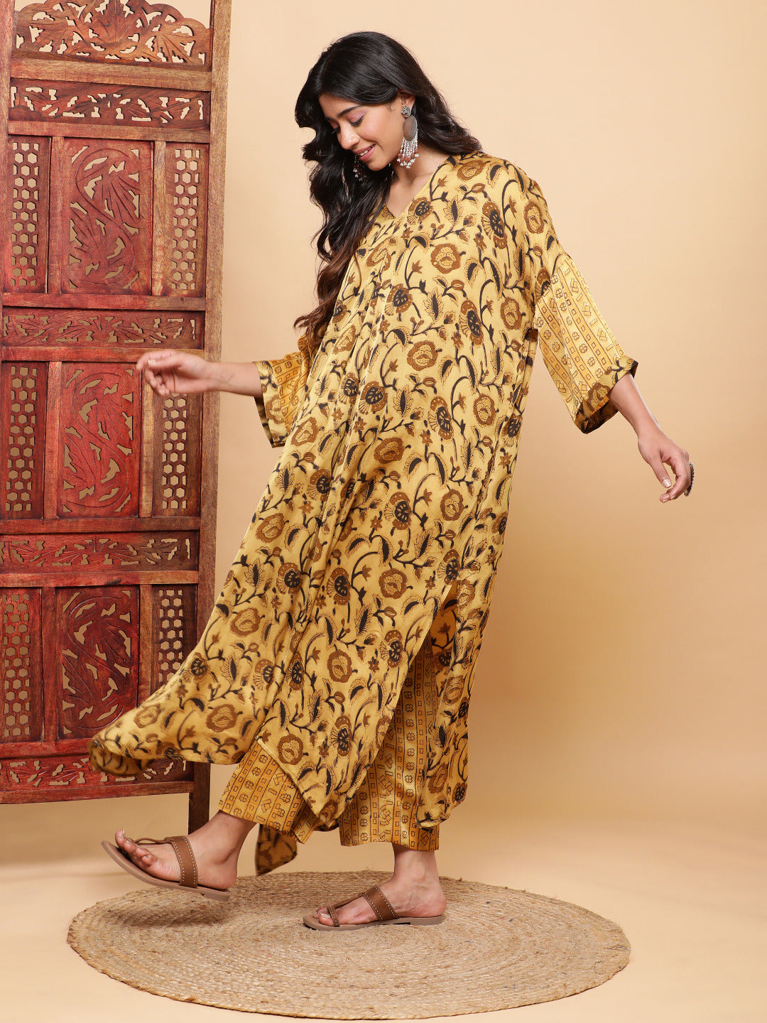 BohoJazz Mustard Vegetable Dye Flowy Modal Kurta with Pants