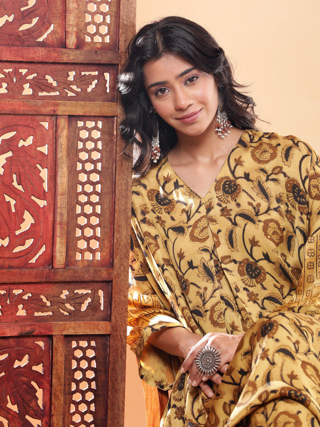 BohoJazz Mustard Vegetable Dye Flowy Modal Kurta with Pants