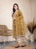 Thumbnail for Yufta Mustard Pure Cotton Lace Work On Yoke Straight Kurta Dupatta Pant Set