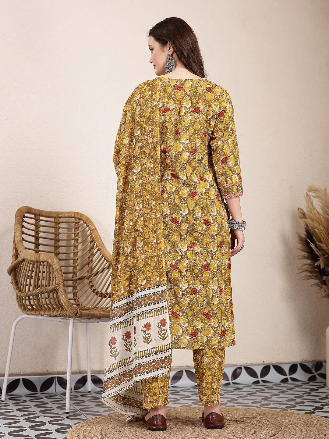 Yufta Mustard Pure Cotton Lace Work On Yoke Straight Kurta Dupatta Pant Set