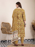 Thumbnail for Yufta Mustard Pure Cotton Lace Work On Yoke Straight Kurta Dupatta Pant Set