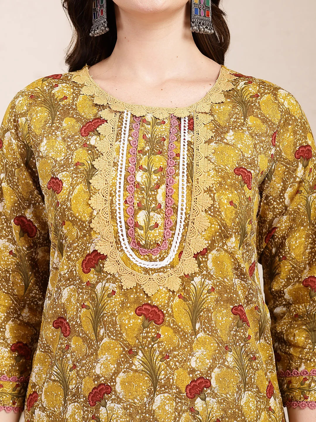 Yufta Mustard Pure Cotton Lace Work On Yoke Straight Kurta Dupatta Pant Set