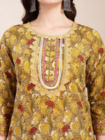 Thumbnail for Yufta Mustard Pure Cotton Lace Work On Yoke Straight Kurta Dupatta Pant Set