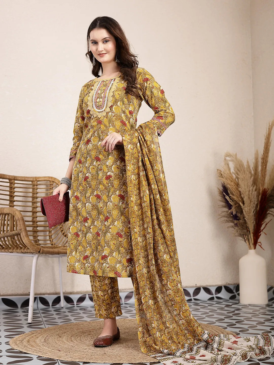 Yufta Mustard Pure Cotton Lace Work On Yoke Straight Kurta Dupatta Pant Set