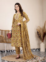 Thumbnail for Yufta Mustard Pure Cotton Lace Work On Yoke Straight Kurta Dupatta Pant Set