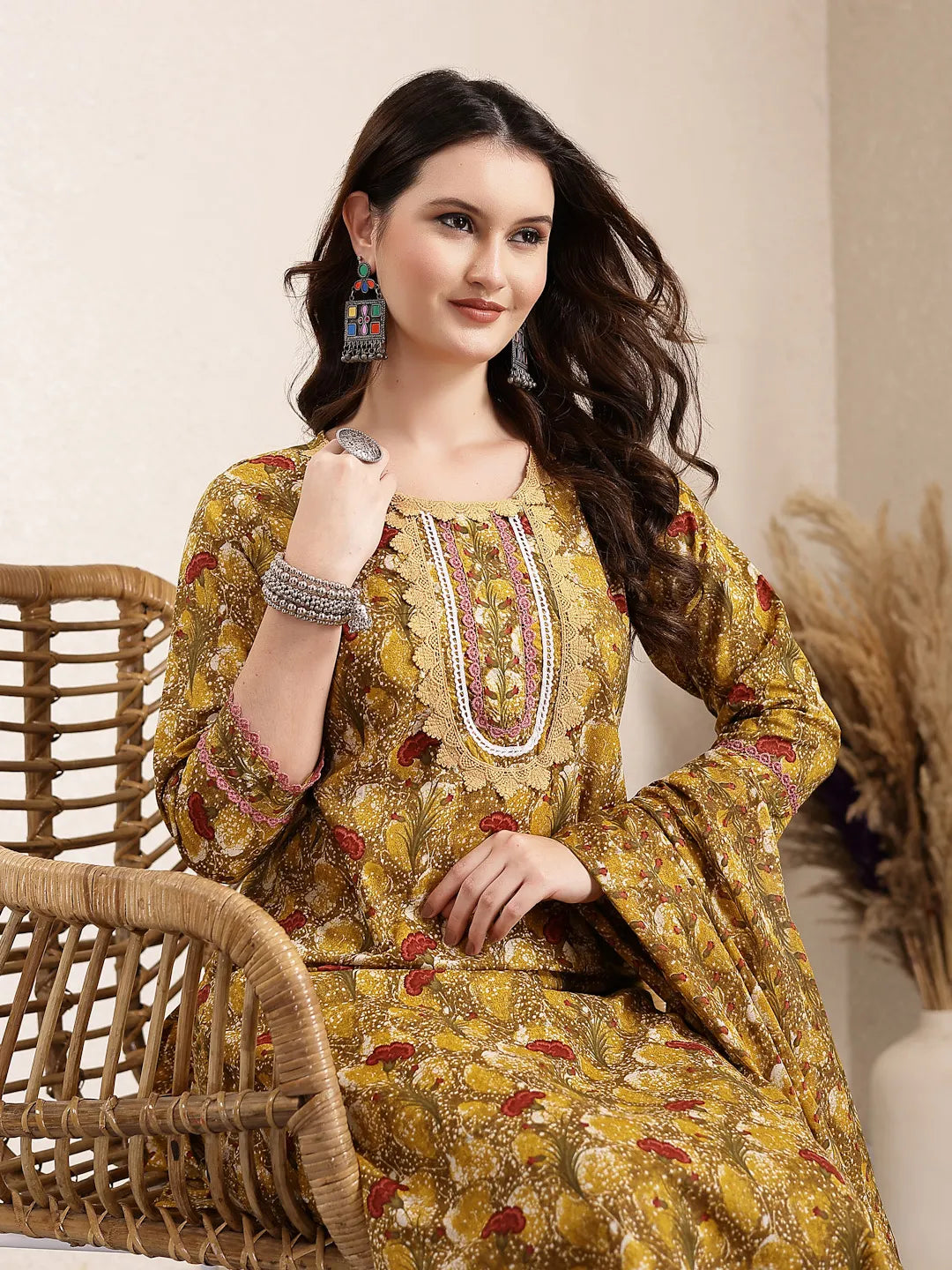 Yufta Mustard Pure Cotton Lace Work On Yoke Straight Kurta Dupatta Pant Set