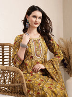 Thumbnail for Yufta Mustard Pure Cotton Lace Work On Yoke Straight Kurta Dupatta Pant Set