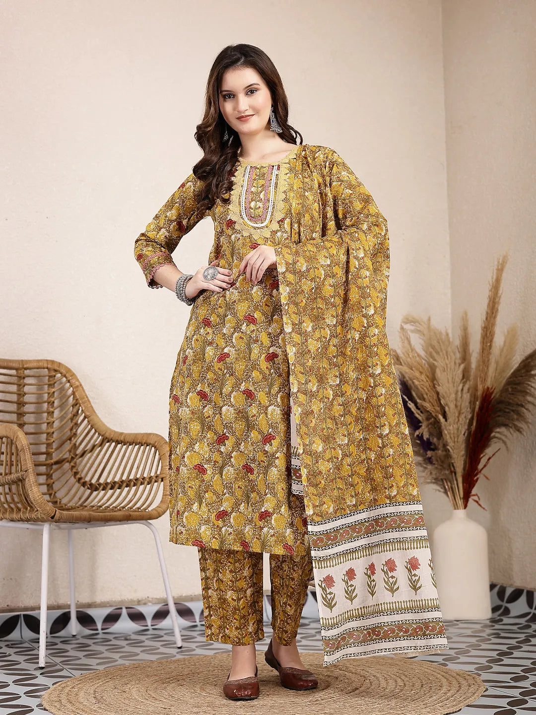 Yufta Mustard Pure Cotton Lace Work On Yoke Straight Kurta Dupatta Pant Set - Distacart