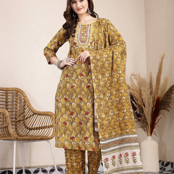 Yufta Mustard Pure Cotton Lace Work On Yoke Straight Kurta Dupatta Pant Set - Distacart