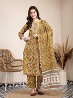 Thumbnail for Yufta Mustard Pure Cotton Lace Work On Yoke Straight Kurta Dupatta Pant Set