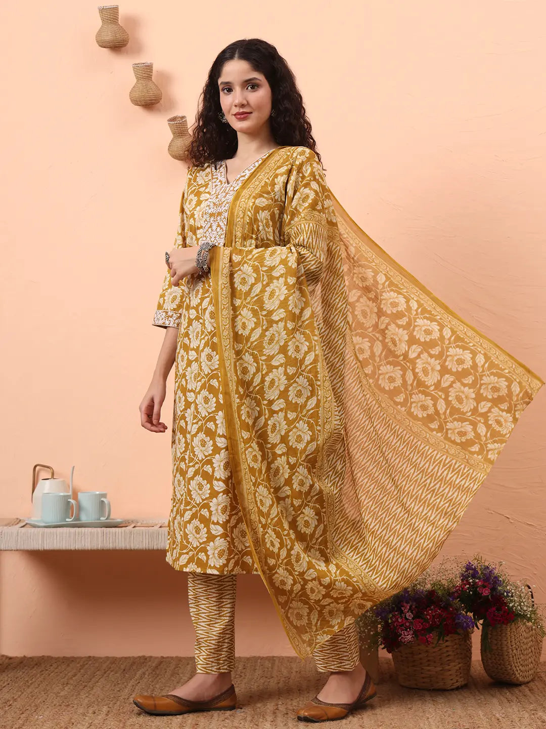 Yufta Mustard Pure Cotton Straight Floral Kantha Work Kurta Pant Set - Distacart
