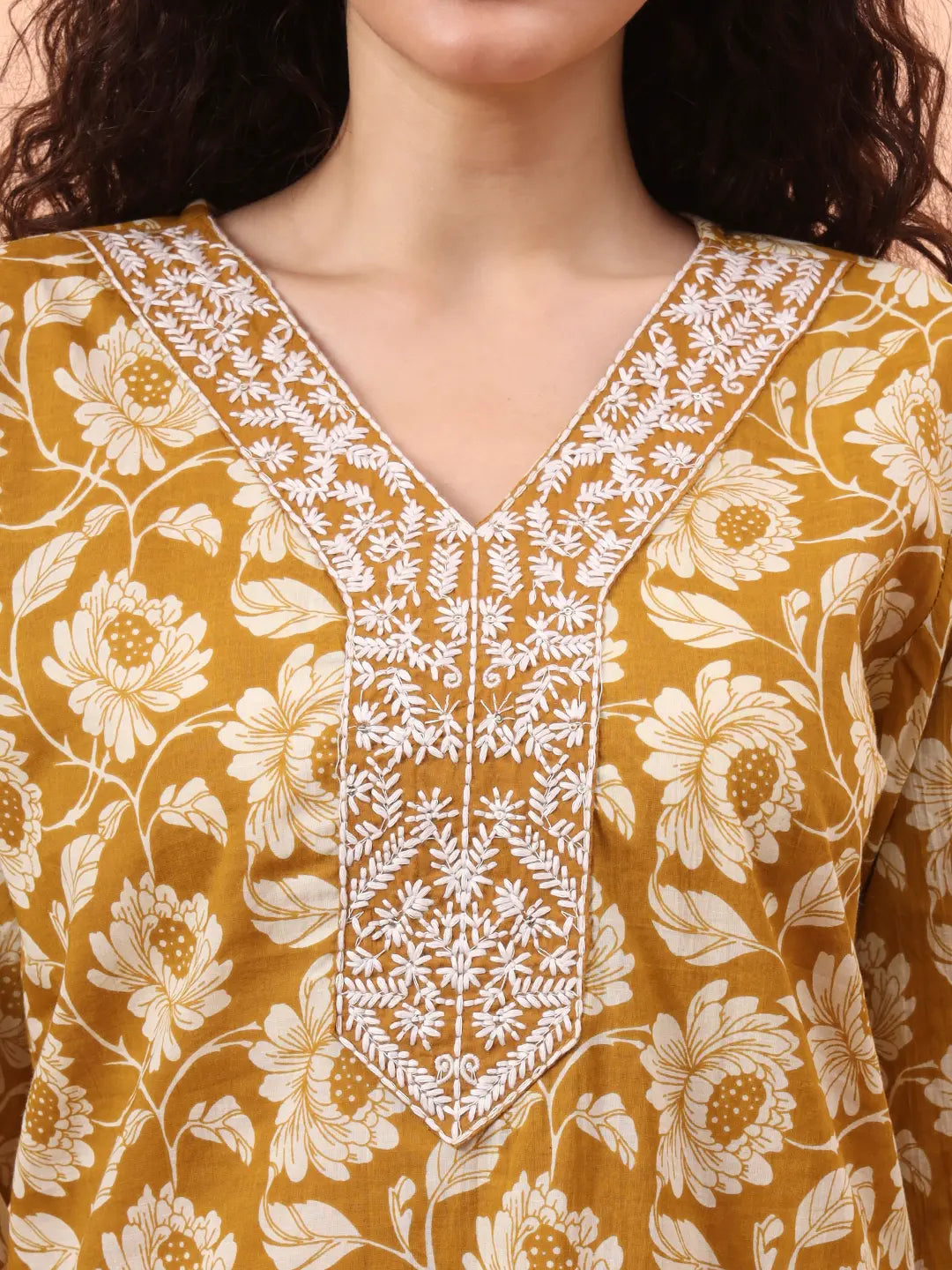 Yufta Mustard Pure Cotton Straight Floral Kantha Work Kurta Pant Set