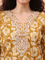 Thumbnail for Yufta Mustard Pure Cotton Straight Floral Kantha Work Kurta Pant Set