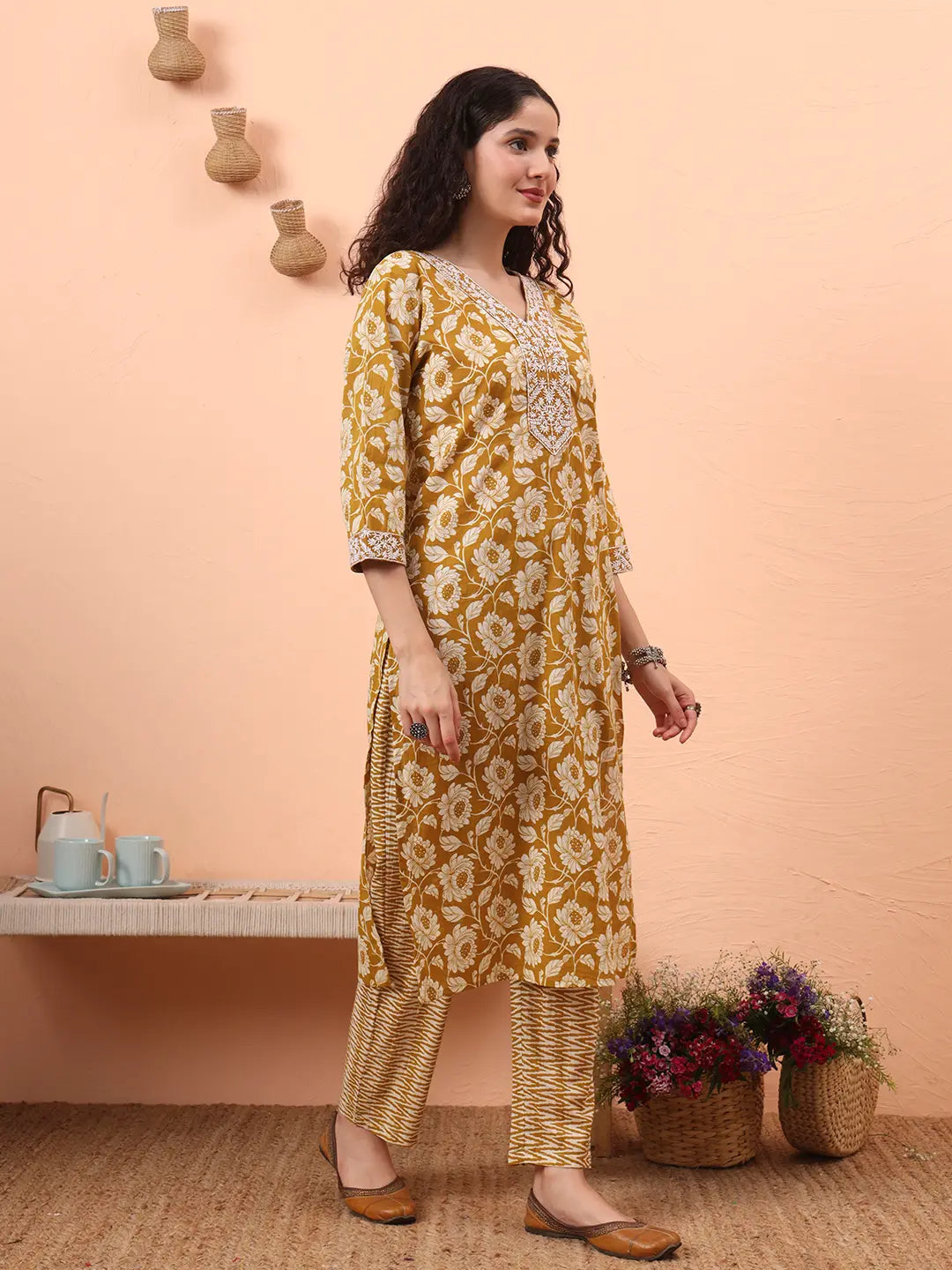 Yufta Mustard Pure Cotton Straight Floral Kantha Work Kurta Pant Set