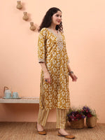 Thumbnail for Yufta Mustard Pure Cotton Straight Floral Kantha Work Kurta Pant Set