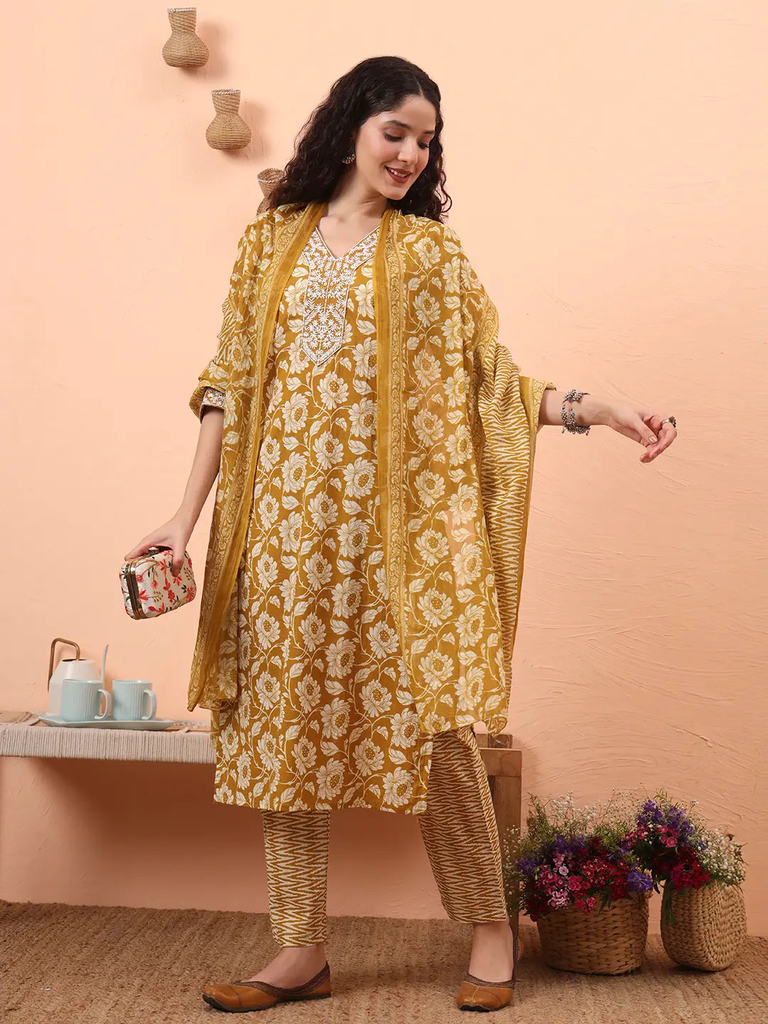 Yufta Mustard Pure Cotton Straight Floral Kantha Work Kurta Pant Set
