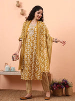 Thumbnail for Yufta Mustard Pure Cotton Straight Floral Kantha Work Kurta Pant Set