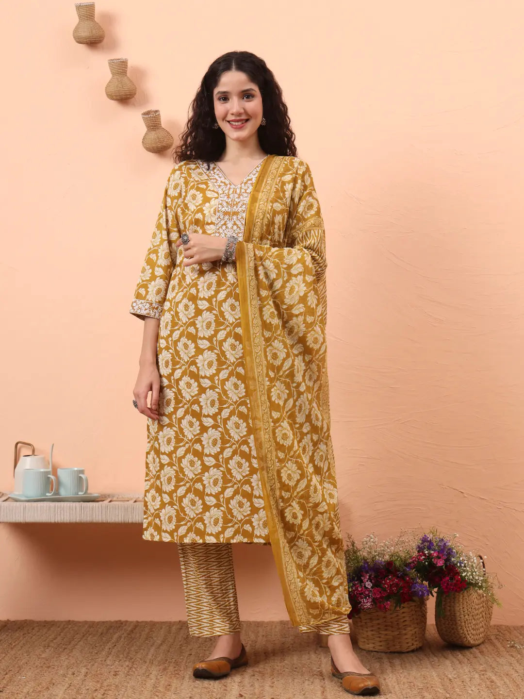Yufta Mustard Pure Cotton Straight Floral Kantha Work Kurta Pant Set - Distacart