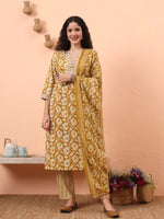 Thumbnail for Yufta Mustard Pure Cotton Straight Floral Kantha Work Kurta Pant Set