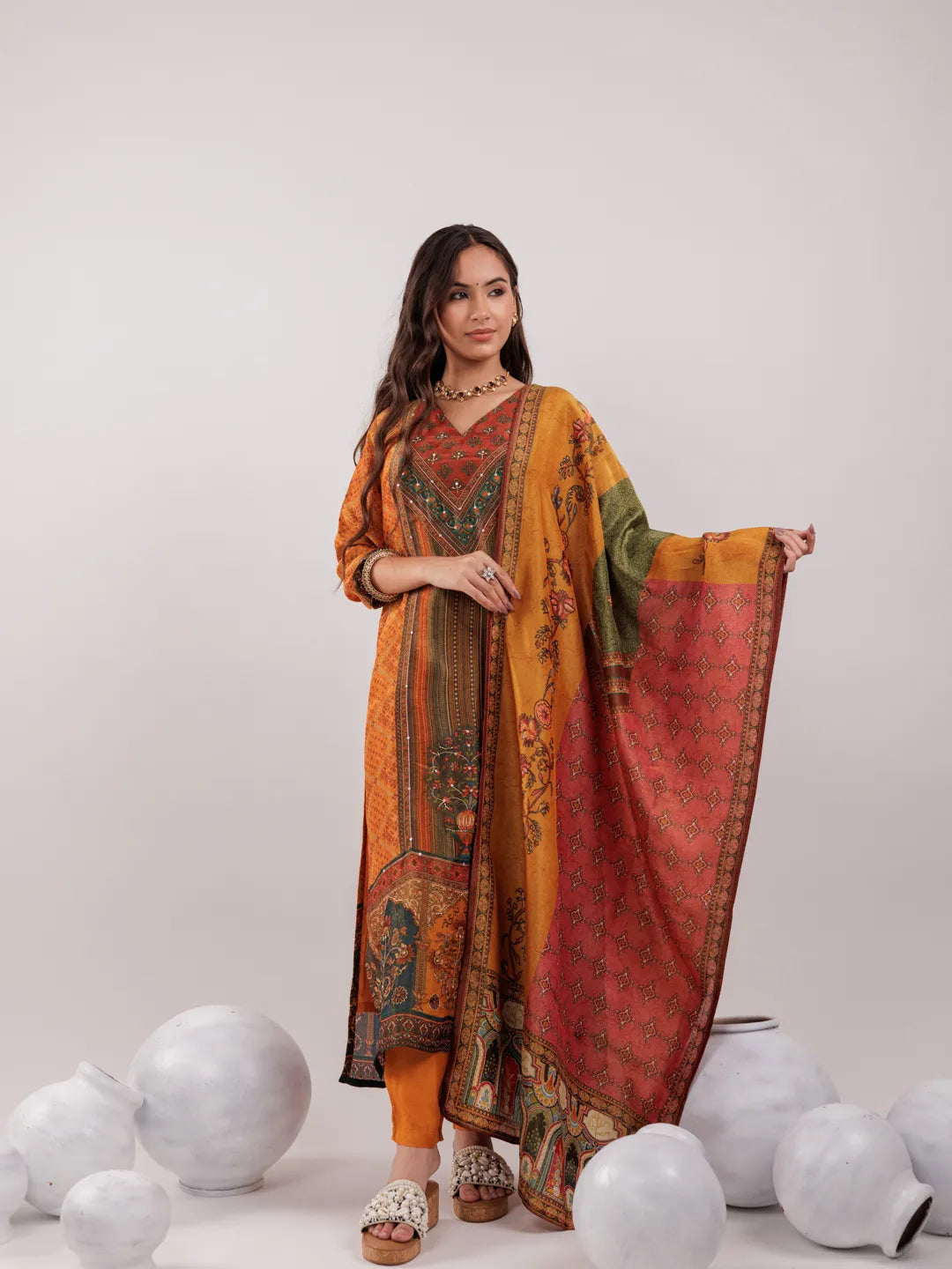 Yufta Mustard Pure Shimmer Tissue With Pure Viscose Trouser And Shimmer Dupatta - Distacart