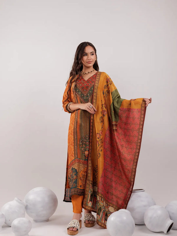 Yufta Mustard Pure Shimmer Tissue With Pure Viscose Trouser And Shimmer Dupatta