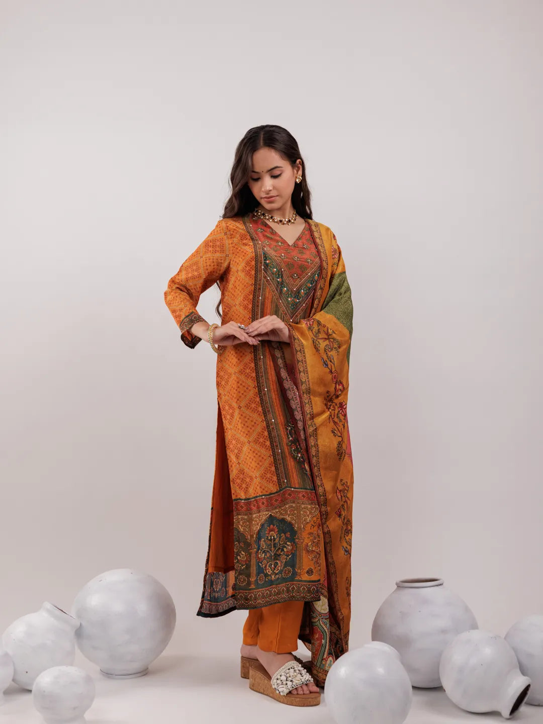 Yufta Mustard Pure Shimmer Tissue With Pure Viscose Trouser And Shimmer Dupatta - Distacart