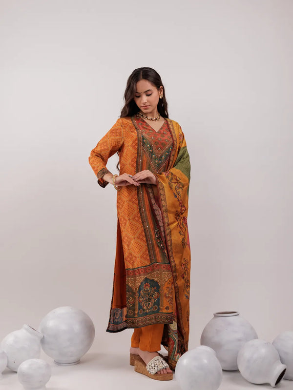 Yufta Mustard Pure Shimmer Tissue With Pure Viscose Trouser And Shimmer Dupatta