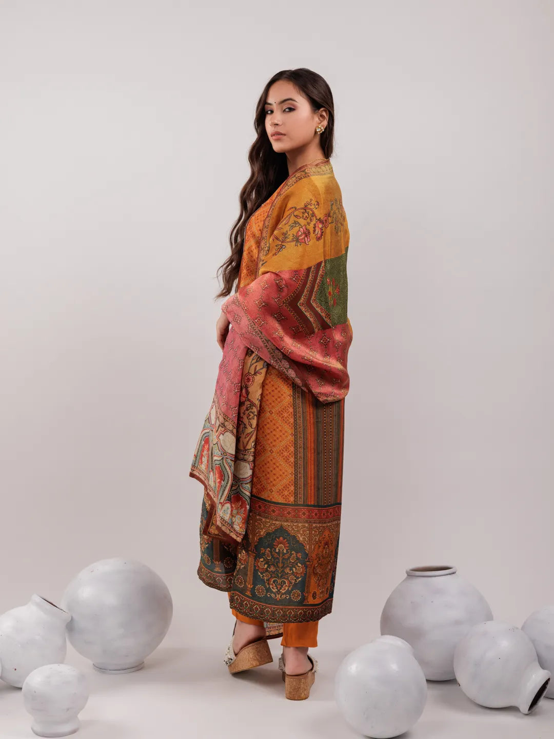 Yufta Mustard Pure Shimmer Tissue With Pure Viscose Trouser And Shimmer Dupatta
