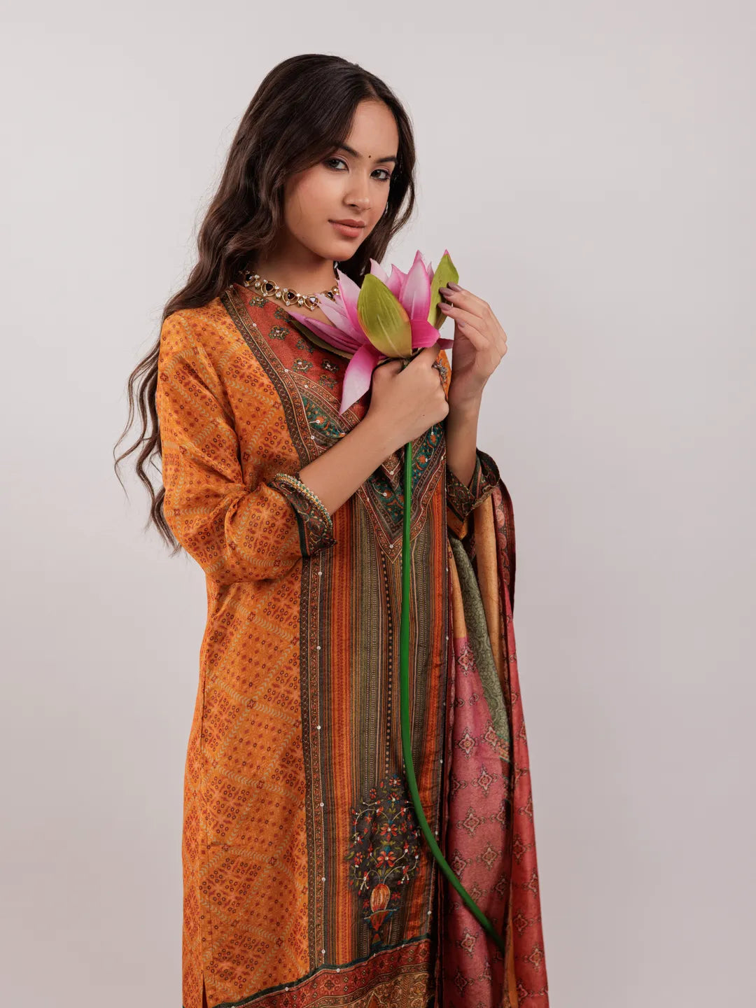 Yufta Mustard Pure Shimmer Tissue With Pure Viscose Trouser And Shimmer Dupatta