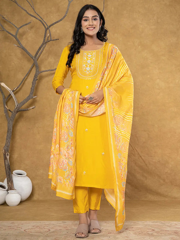 Yufta Mustard Silk Beads And Stones,Sequins_Work Kurta Dupatta Set - Distacart