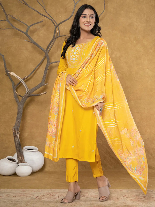 Yufta Mustard Silk Beads And Stones,Sequins_Work Kurta Dupatta Set - Distacart
