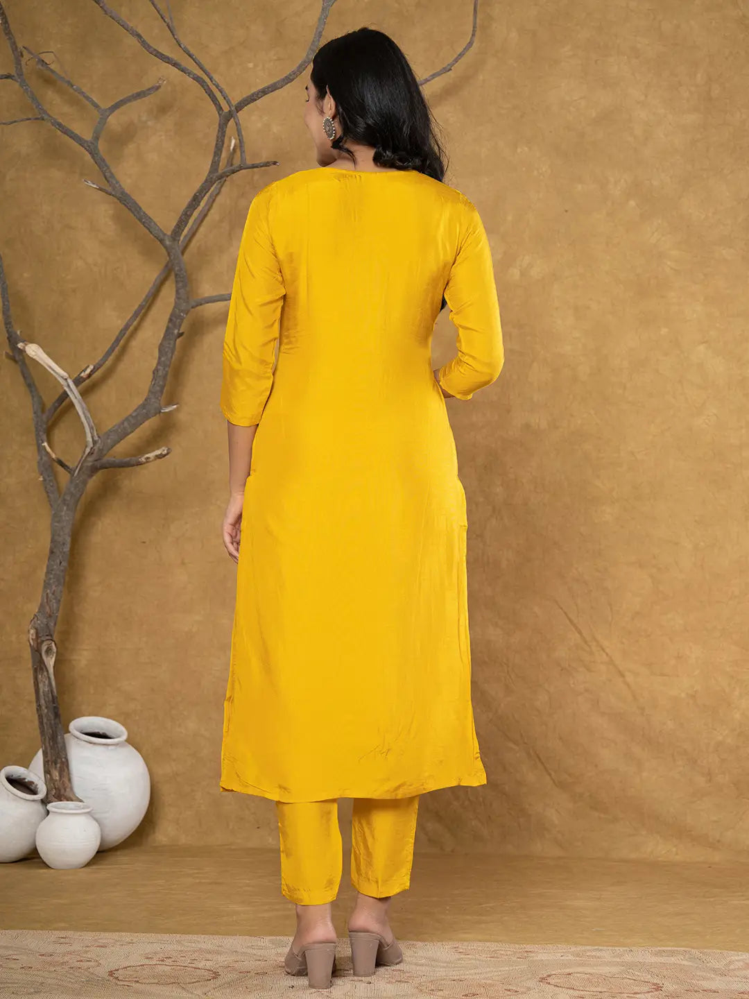 Yufta Mustard Silk Beads And Stones,Sequins_Work Kurta Dupatta Set - Distacart