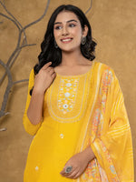 Thumbnail for Yufta Mustard Silk Beads And Stones,Sequins_Work Kurta Dupatta Set - Distacart