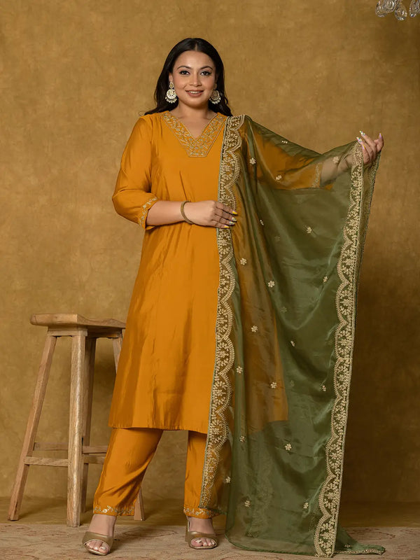 Yufta Mustard Silk Embroidered Plus Size Kurta Dupatta Set