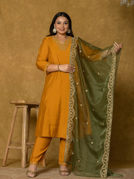 Yufta Mustard Silk Embroidered Plus Size Kurta Dupatta Set