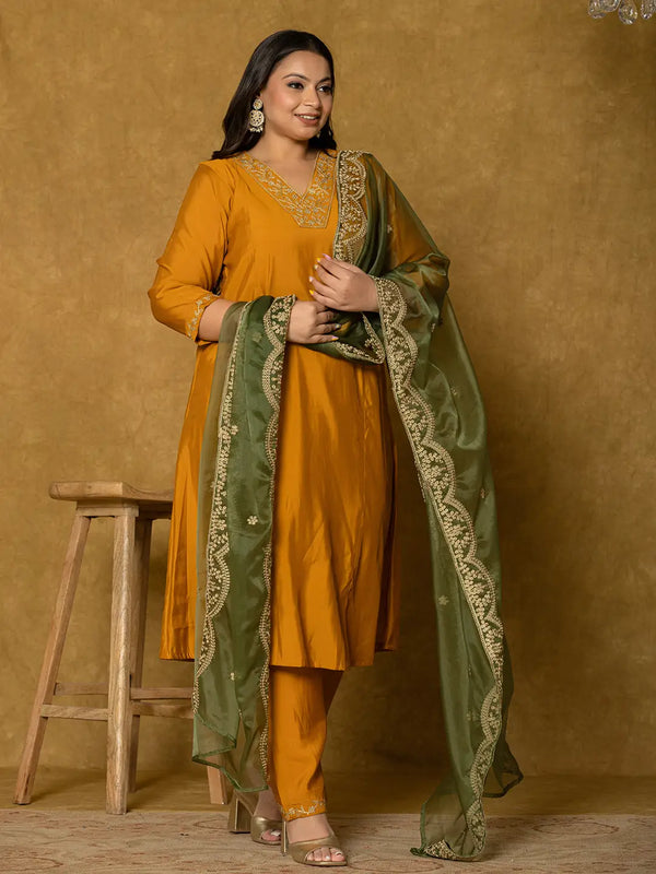 Yufta Mustard Silk Embroidered Plus Size Kurta Dupatta Set